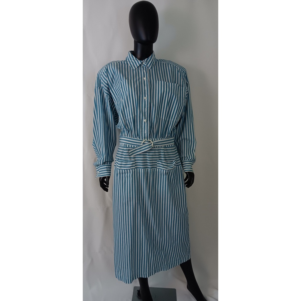 Vintage Sunshine Starshine Blue White Striped Belted Shirt Dress Size 14